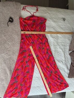 FARM Rio Red & Pink Floral (peppers) halter Wide-Leg Jumpsuit